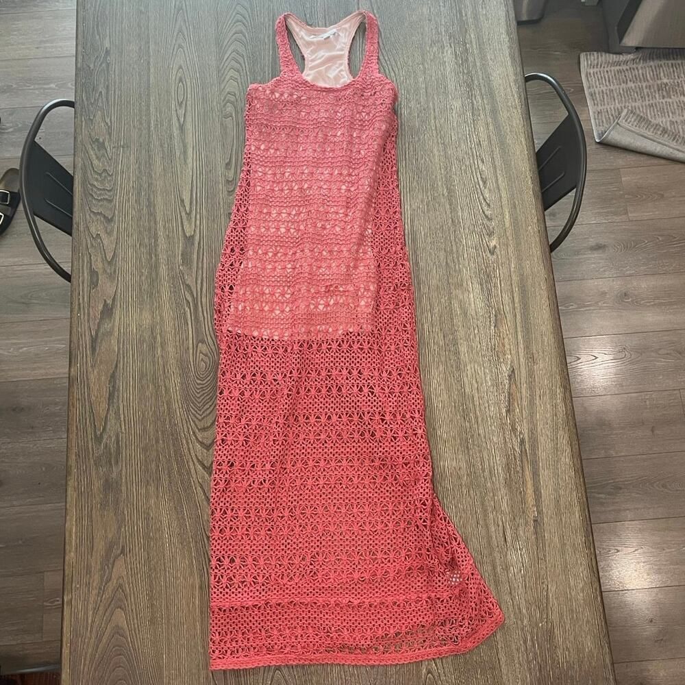 LC Lauren Conrad Crochet Knit Sleeveless Maxi Dress Scoop Neck Coral Size XS